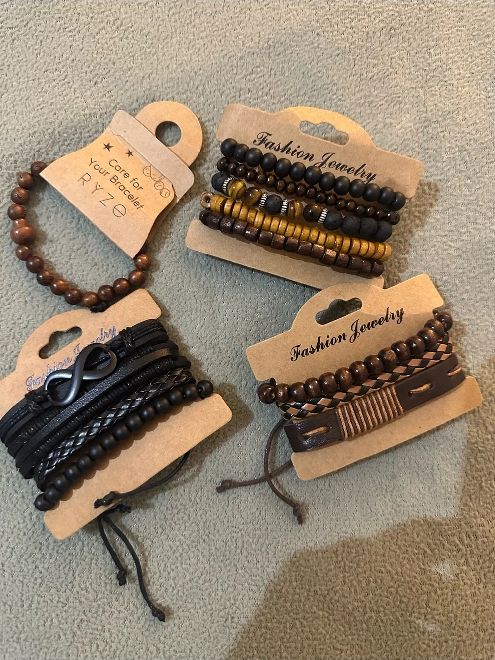 Men's Multi-Style Black and Brown Beaded & Leather Bracelet Set